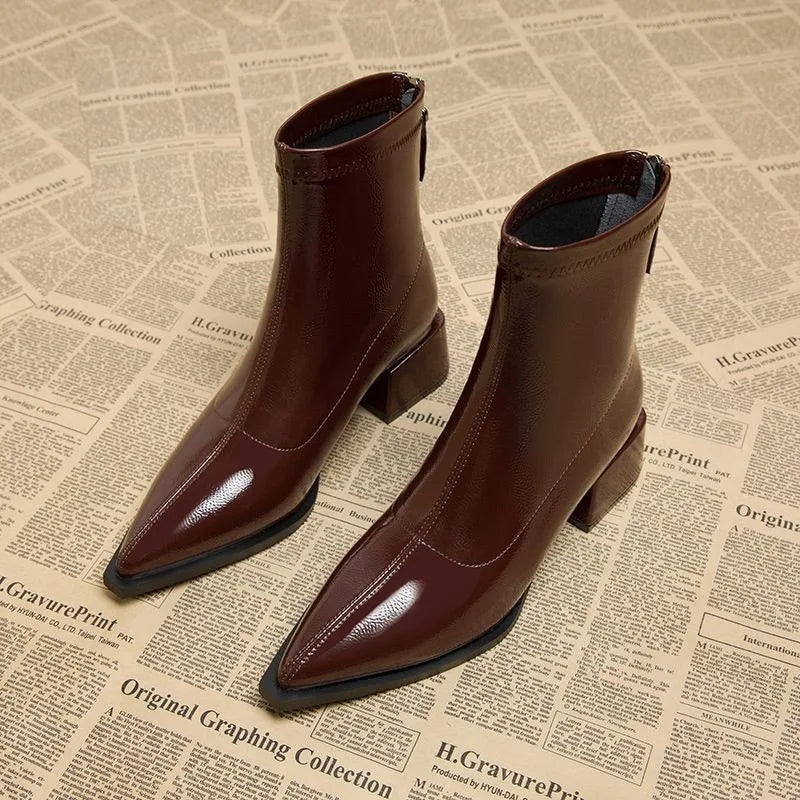 Women Ankle High Heels Chelsea Boots Pointed Toe Shoes  Designer Pumps Winter 2024 New Brand Shoes Women Motorcycle Boots