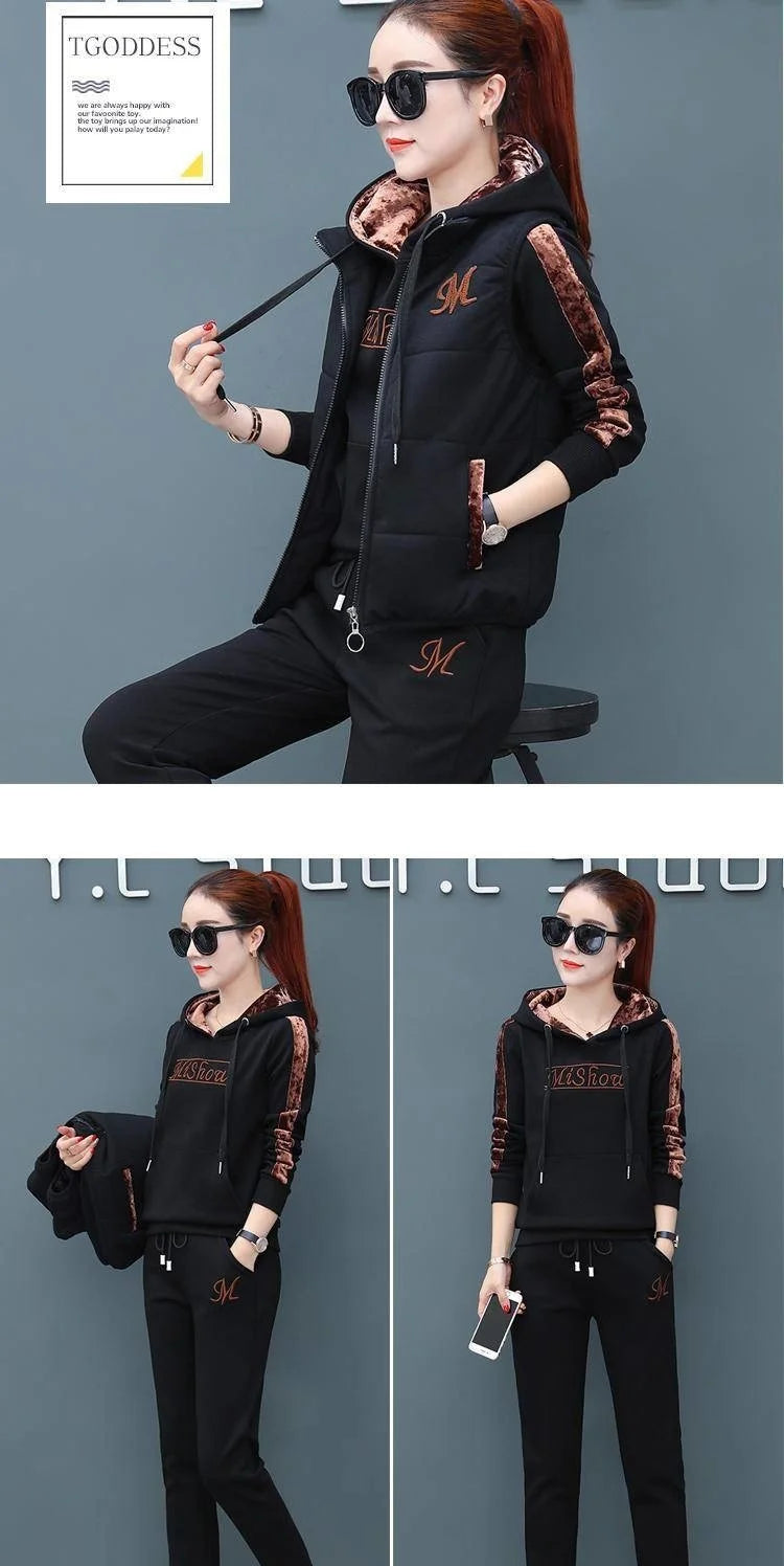Women's Casual Sweat Suit 2025 Autumn Winter New Fashion Plush Thickened Hooded Tops Waistcoat Pants 3 Three Piece Set For Women