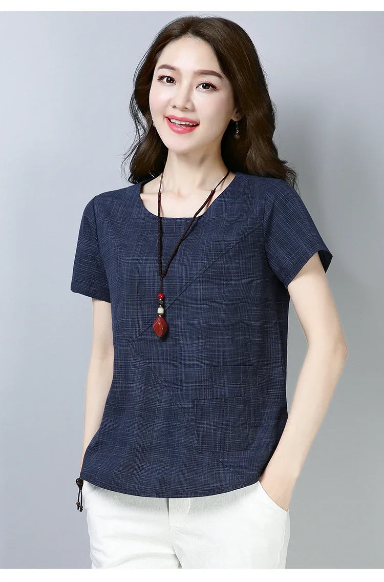 Women's Summer Blouses 2024 Vintage Linen Cotton Women Tops Blouses Short Sleeve Women Shirts Women Clothing Blusas 2127