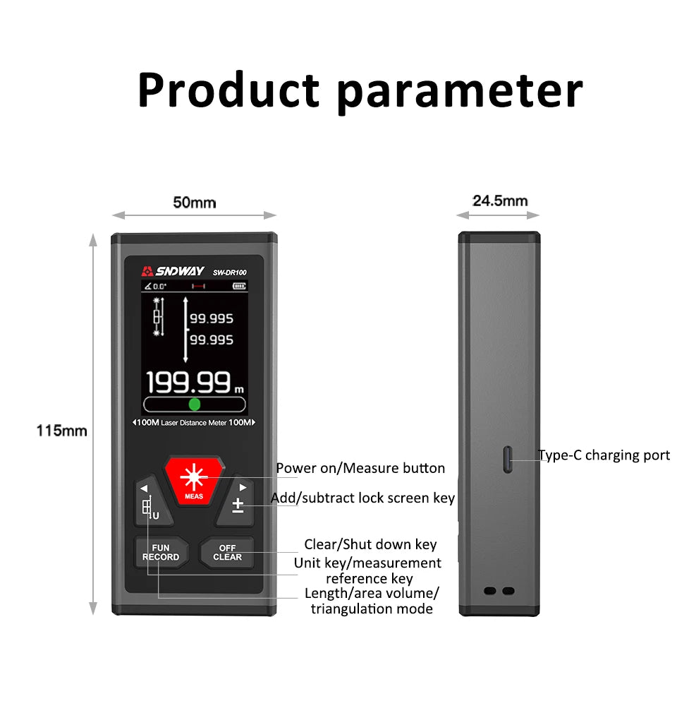 SW-DR/DG Series 2 Way Laser Measure Meter Rangefinder Red/Green Laser Distance Meter 60M/100M Digital Rechargeable Range Finder