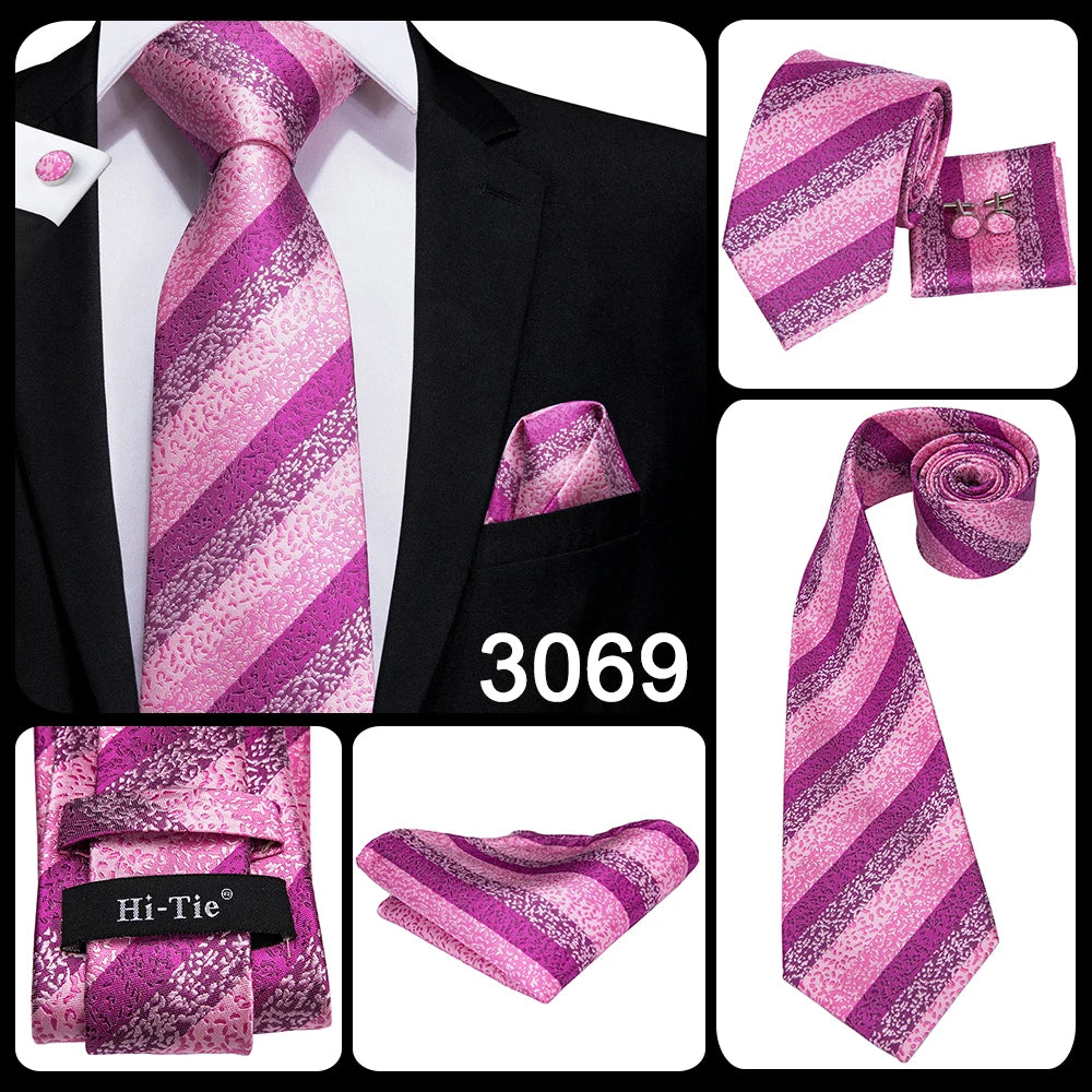 Hi-Tie Silk Men Tie Peach Pink Floral Wedding Necktie for Men Luxury Necktie Handkerchief Cufflink Fashion Design Business