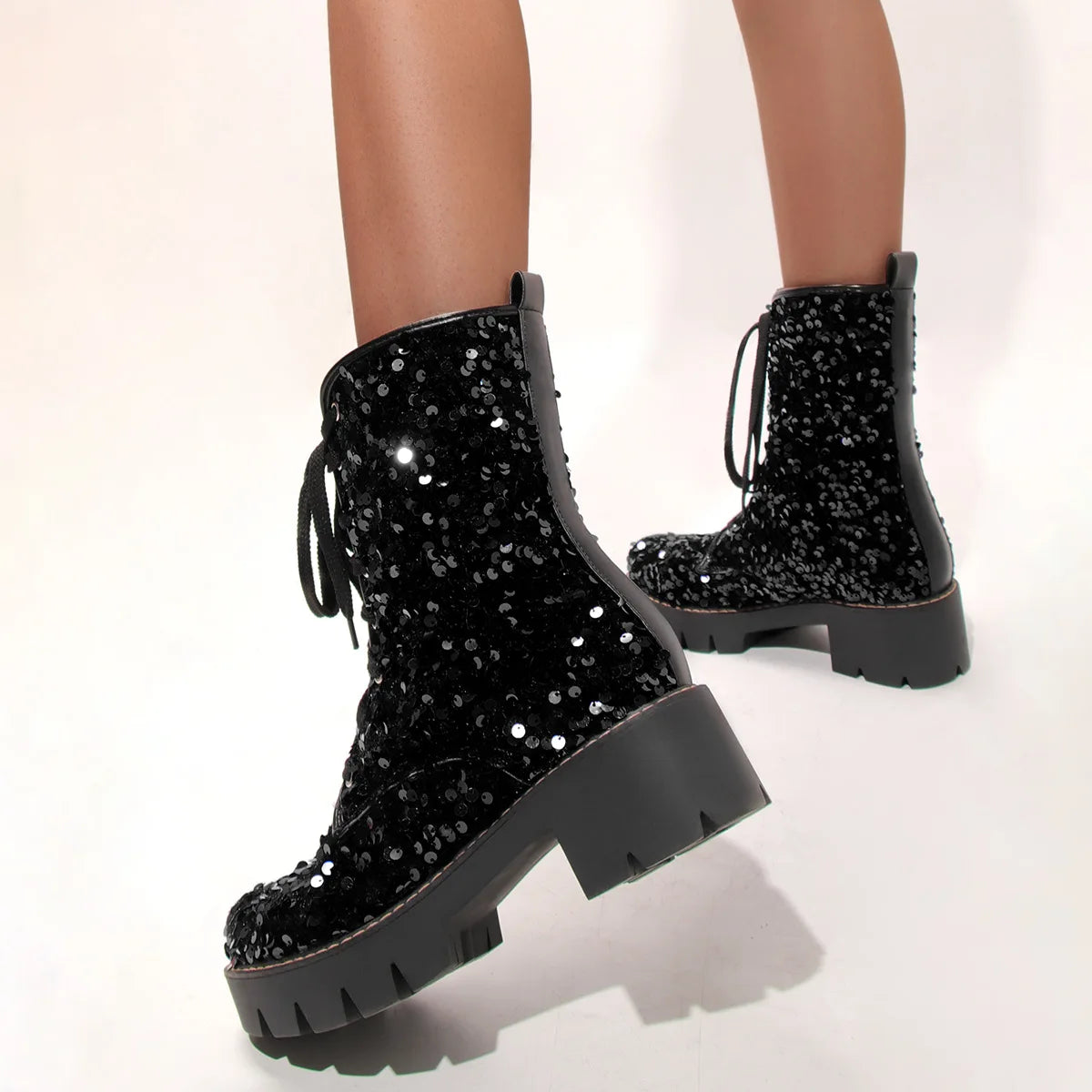 2025 New Fashion Women Shoes Front Lace Up Sequin Short Boots Coarse Heel Stage Show Ankle Boots Ladies Party Casual Short Boots