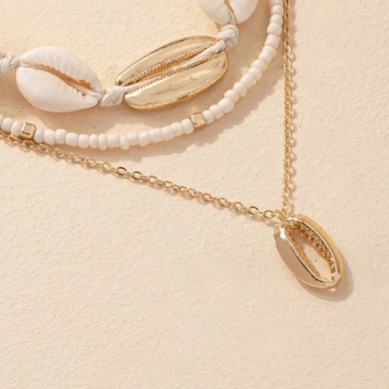 Necklace Three Layer Beach Seashell Choker Necklaces Bohemian Natural Shell Short Collar for Women Rope Chain Choker