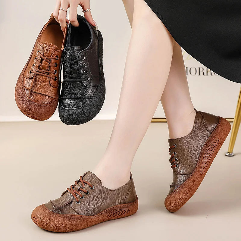 Genuine leather shoes for wide feet ladies lace up flats woman casual daily shoes handmade soft moccasins women's loafers
