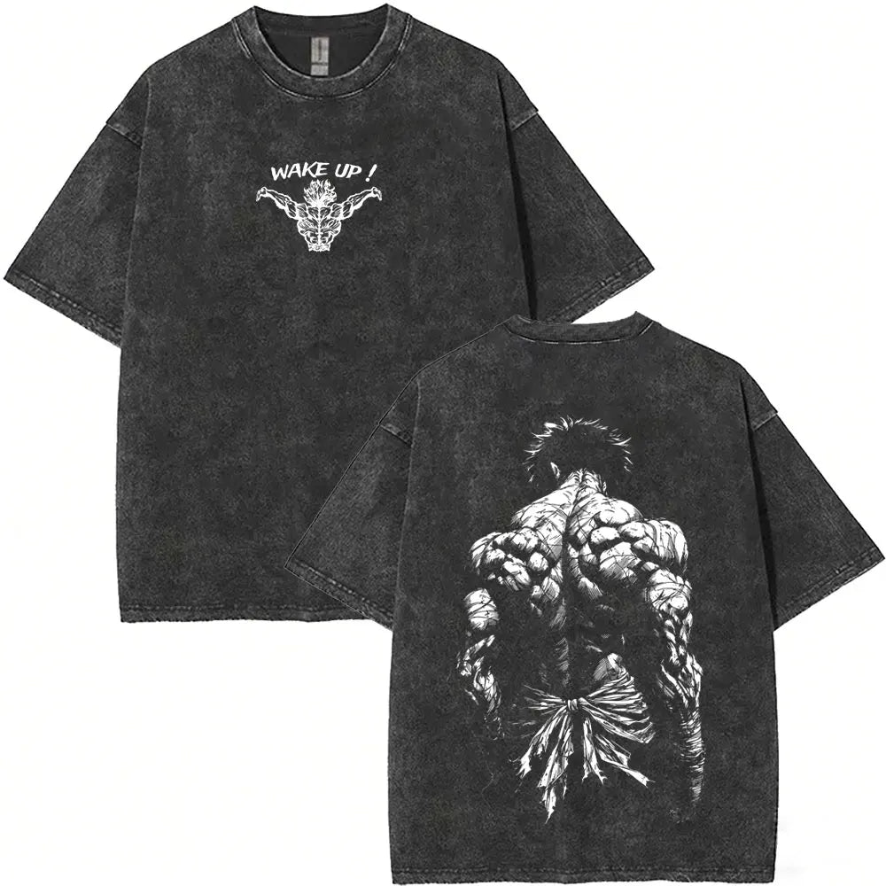 Washed Vintage Anime Baki Hanma Wake Up T-shirt Men Women Retro Manga Oversized T-shirts Men's Casual Cotton T Shirts Streetwear