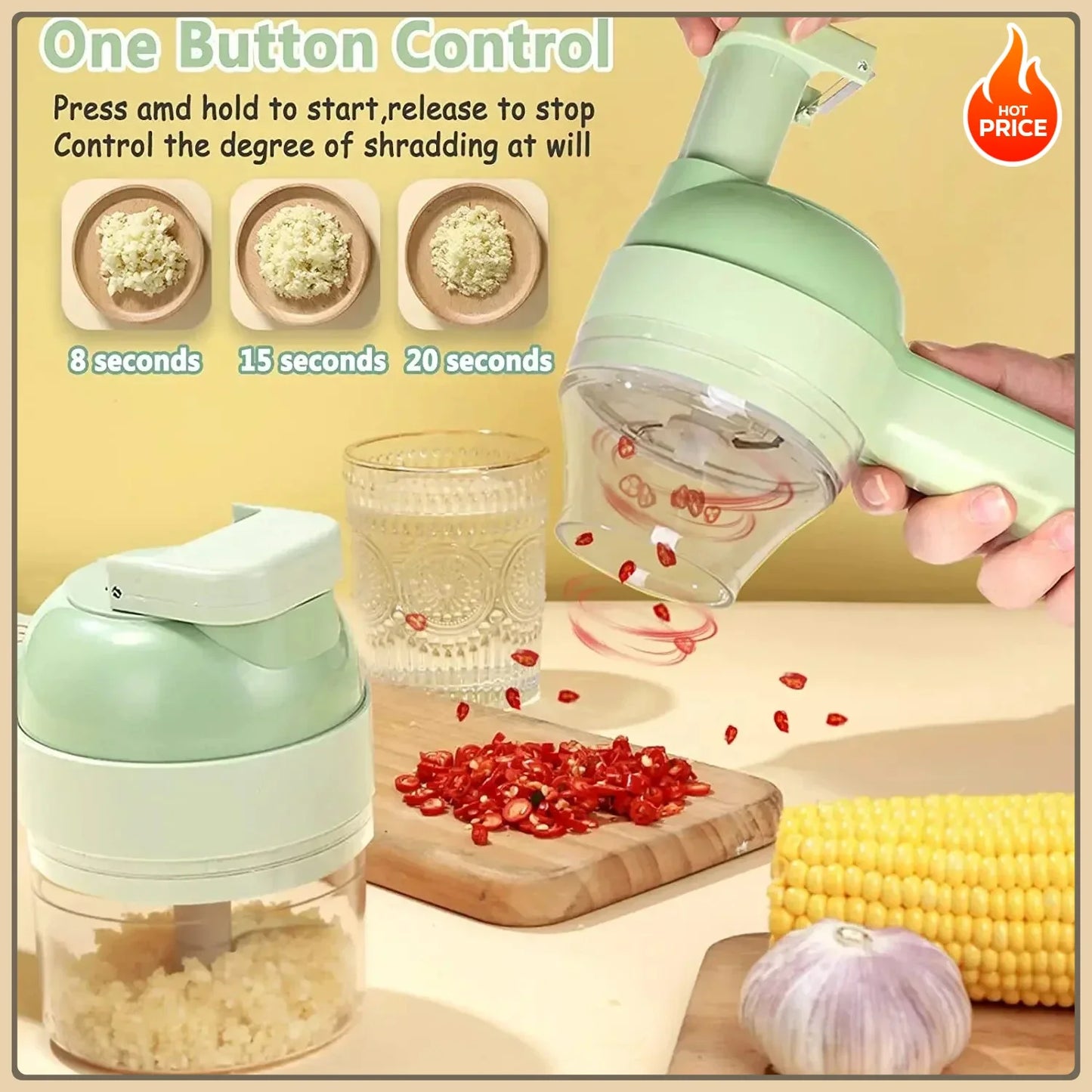 4in1 Wireless Electric Food Chopper Set Handheld Meat Grinder Garlic Masher Vegetable Cutter Rechargeable Stainless Steel Blades