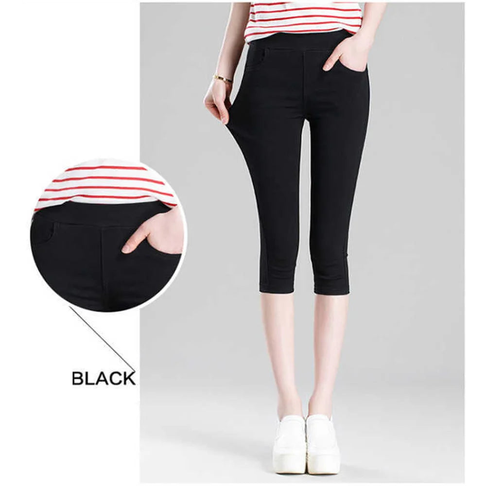 Women  Stretchy Capris Pants Elastic Waist Comfy Skinny Cropped Jeans Pants Button Front Casual Breathable
