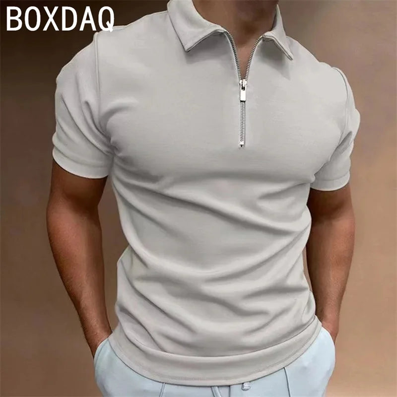 Men's Solid Color Polo shirt Fashion Casual Short Sleeve Lapel Zip Collar Sport Polos Men's Summer High Quality Harajuku Tops