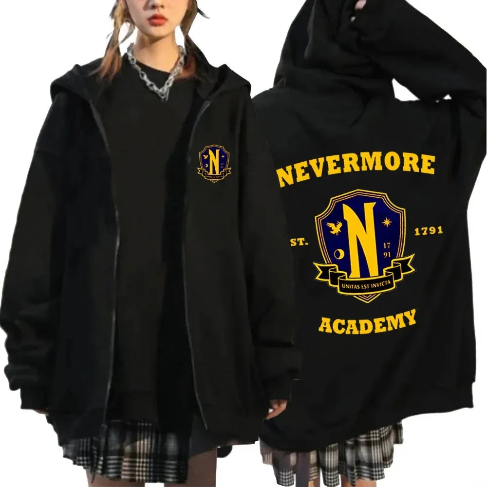 Nevermore Academy Wednesday Addams Zipper Hoodie Casual Fashion Zip Up Sweatshirts Women's Hoodie Top Spring Autumn Coats