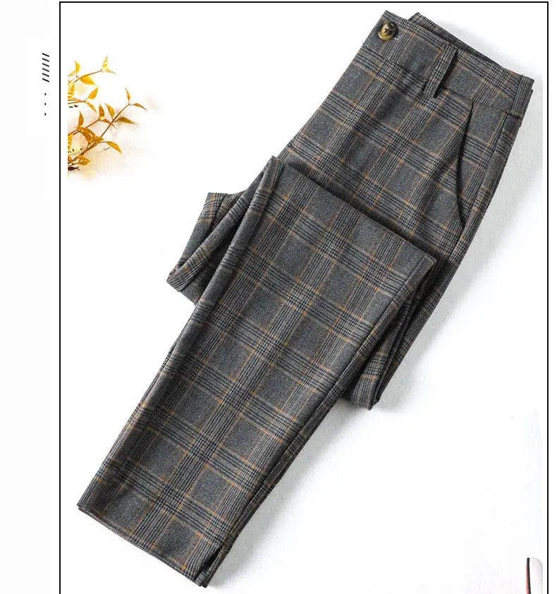 Office Lady Slim Woman Clothing Plaid Suits Pants Spring Autumn New Korean Fashion Vintage High Waist Straight Casual Trousers