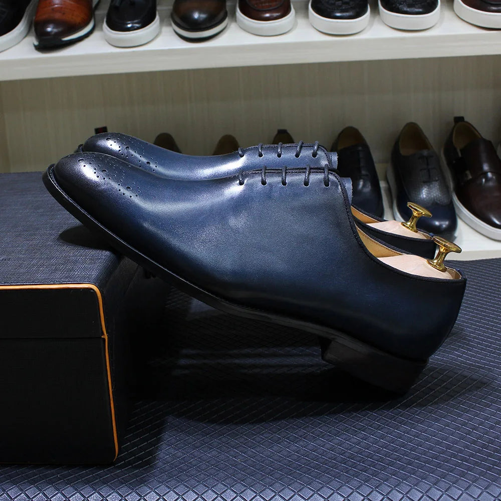 Genuine Leather Mens Formal Shoes Handmade Classic Whole Cut Oxfords Business Lace-up Plain Toe Wedding Dress Shoes for Men
