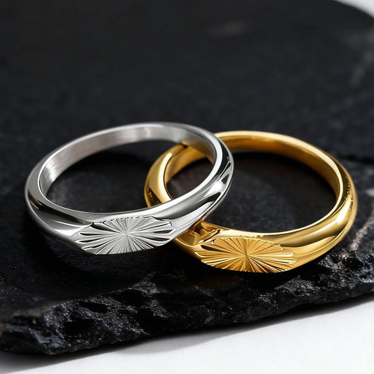 Minimalist Silver Color Men's Ring,Embossing Radiation Sunburst Stainless Steel Tail Ring,Stylish Wedding Finger Ring Gifts