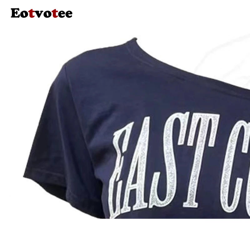 EOTVOTEE Sexy T-Shirts for Women Diagonal Collar Short Sleeve Casual Tops Spring 2025 New Fashion Female Letter Printed T-Shirts