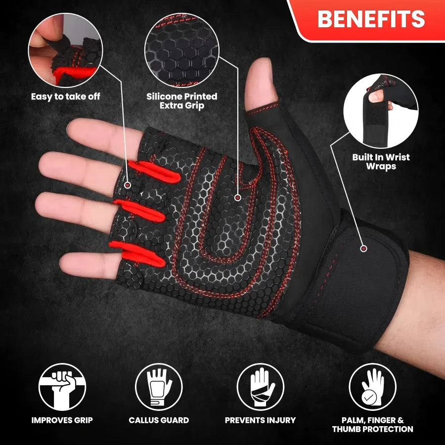 Ventilated Weight Lifting Gym Workout Gloves with Wrist Wrap Support for Men & Women,Full Palm Protection,for Weightlifting