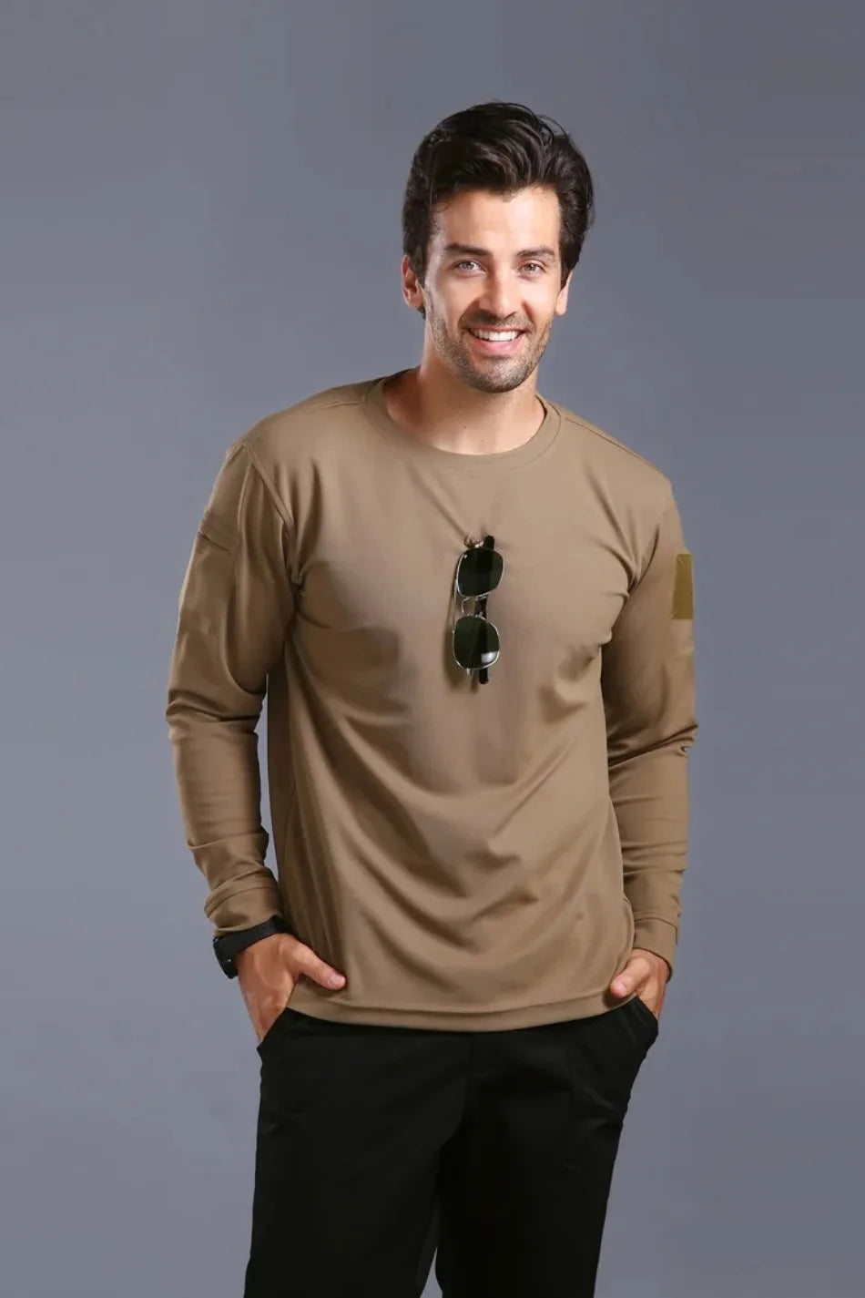 Spring Training Tactical Top Mens Elastic Wear-resistant Outdoor Sports Long Sleeved T-shirt Quick Drying Slim Round Neck Shirt