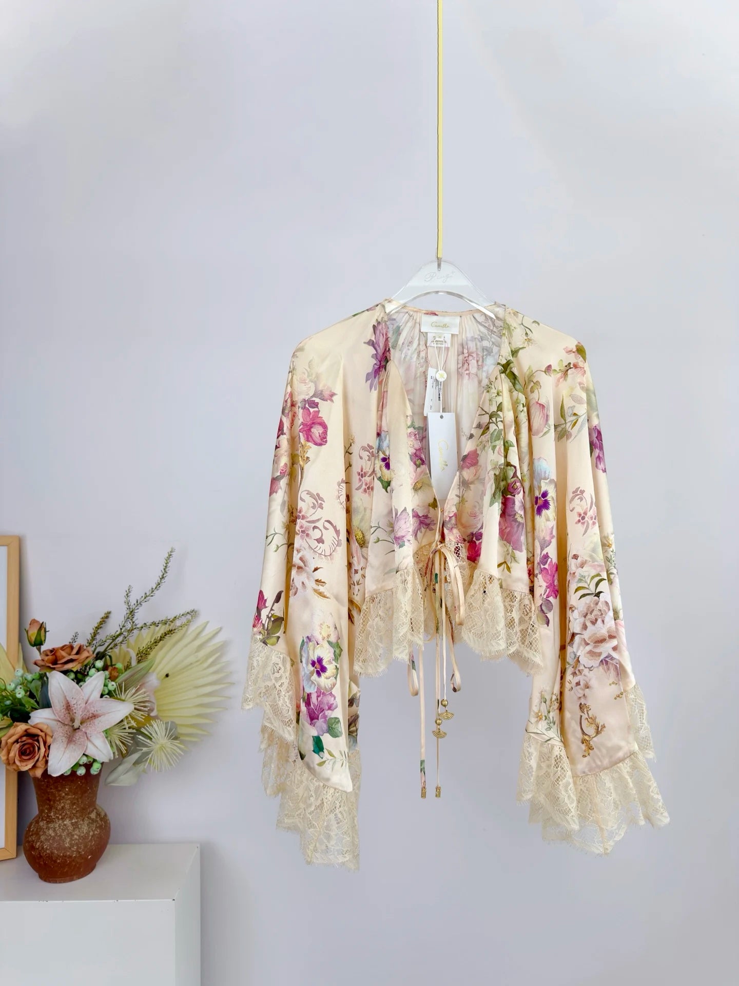 Women Silk Flower Printed Long Dress Heavy Beaded V-Neck Lantern Sleeve Loose Female dress