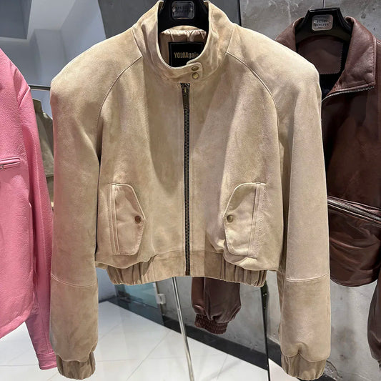 YOLOAgain Suede Leather Jacket Coat Women Real Leather Cropped Jacket Bomber Jacket 2025 Autumn