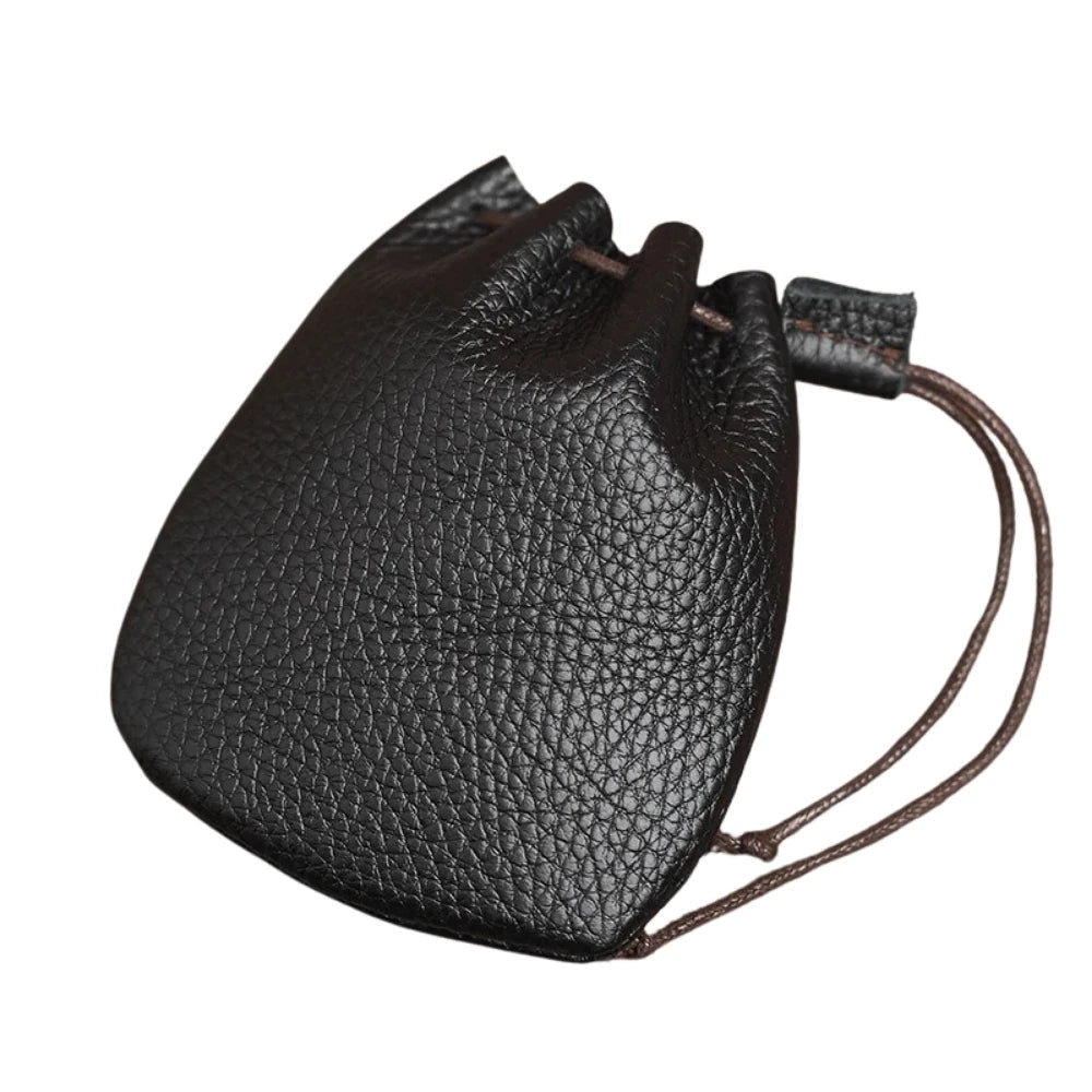 Genuine Leather Coin Purse Men Women Vintage Small Coin Wallet Hard Leather Money Pocket Drawstring Storage Bag