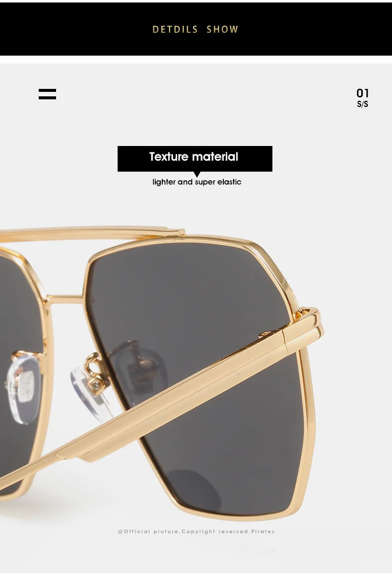 High Quality Square Polarized Sunglasses For Women Retro Oversized Double Bridge Sun Glasses Men Luxury Big Metal Goggle Shades