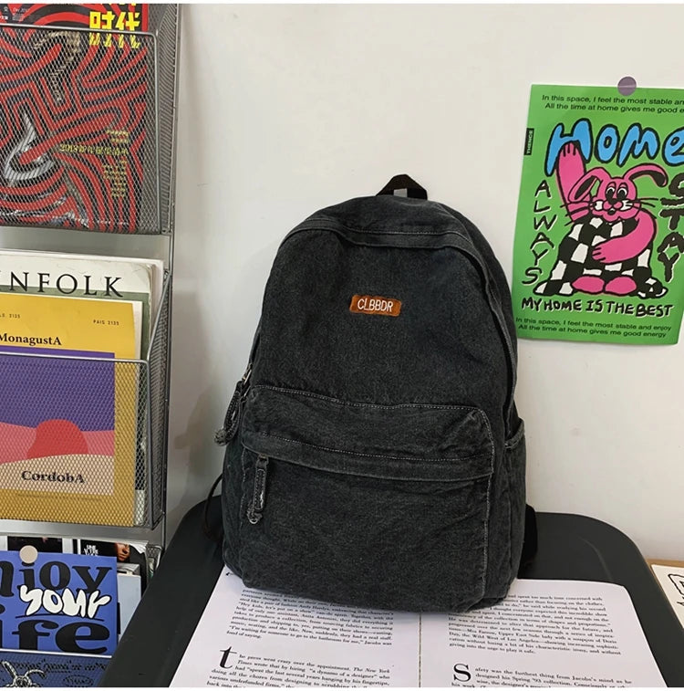 100% Cotton School Bags Solid Black Canvas Casual Backpacks Unisex Large Capacity Denim Satchels Soft Cloth Travel Packages