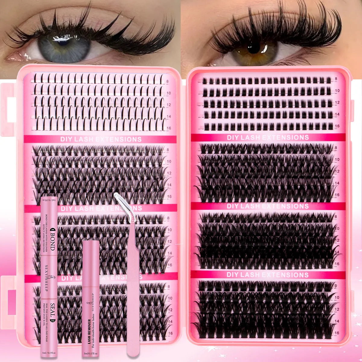 DIY Eyelash Extension Kit Soft Natural Look Wispy Kit with Bond & Seal Tweezers Reusable Cluster Lashes D Curl Individual Lash