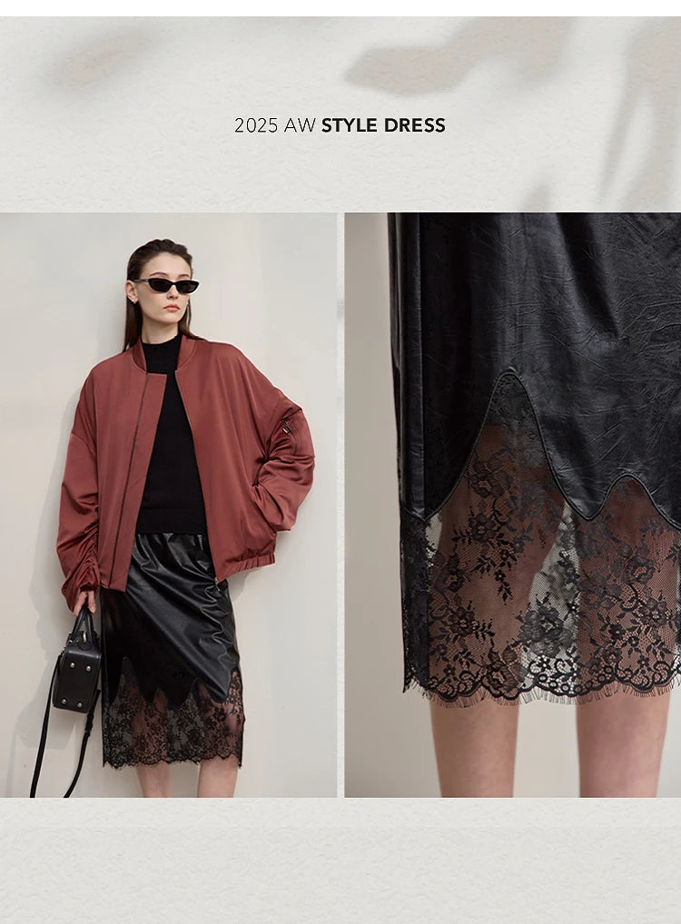 AMII Women's Skirt 2025 Autumn New Minimalist Versatile Clothing Ladies Leather Splicing Lace Solid A-line Midi Skirt 12543095