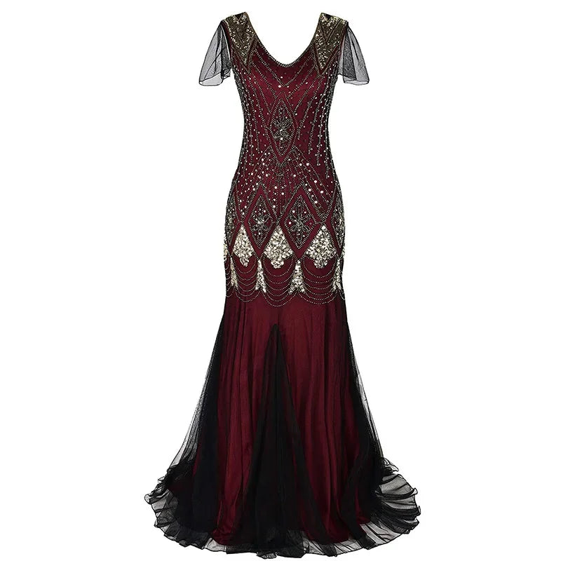 Women's Fashion 1920s Flapper Dress Vintage Great Gatsby Long Evening Prom Sequin Party Dress Women Mesh Costume