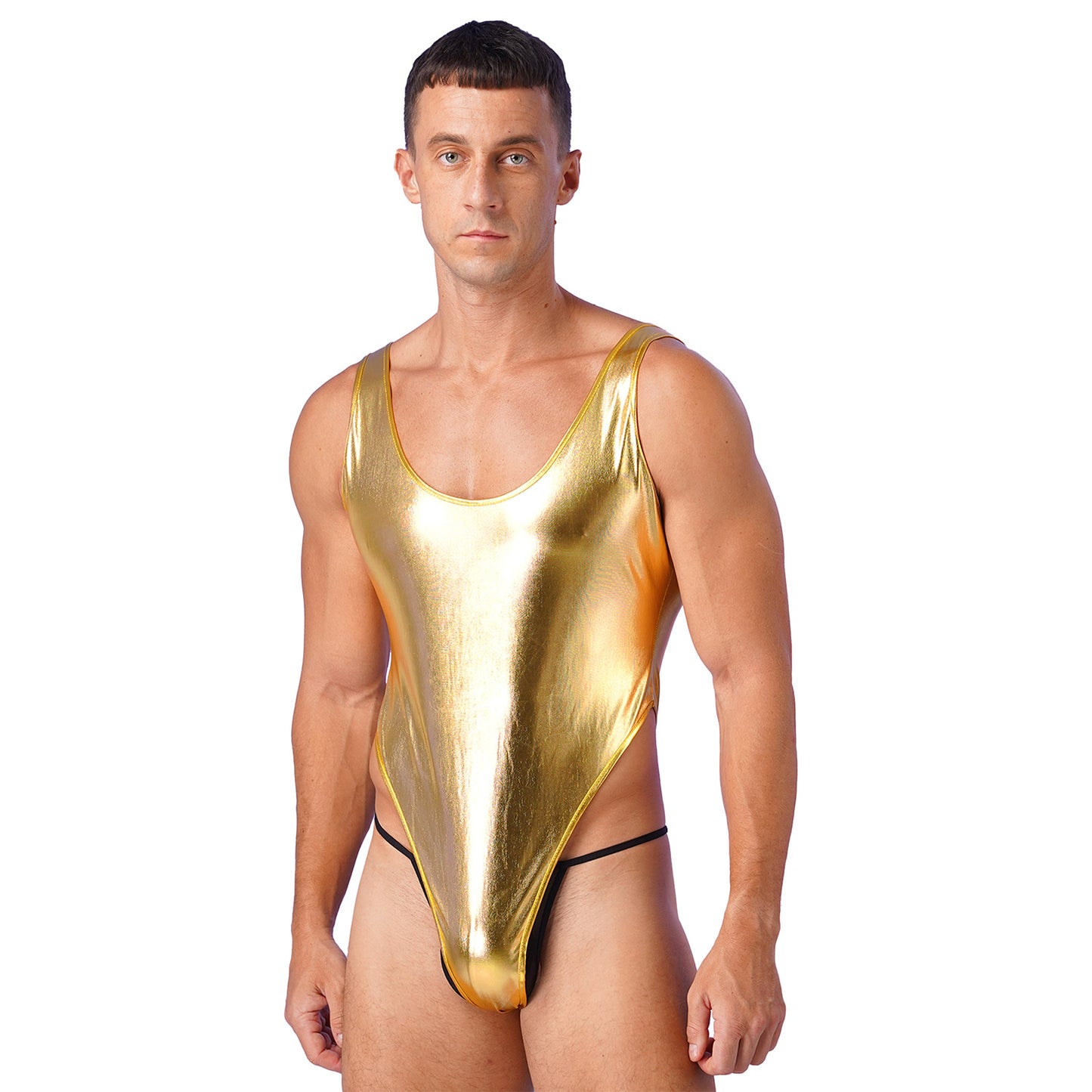 Mens Glossy Bodysuit Fashion One-piece Swimsuit Sleeveless High Cut Wetlook Faux Leather Stretch Leotard Unitard Bathing Suit