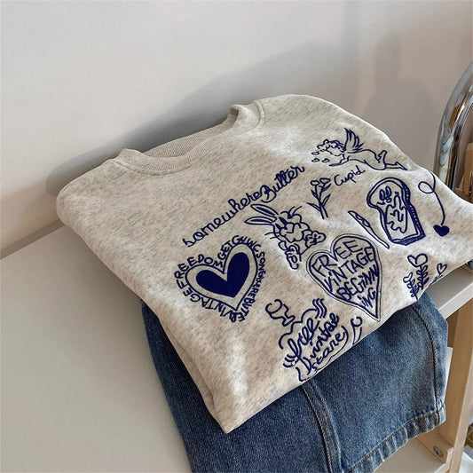Korean Fashion Women's Gray Embroidered Round Neck Short Sweatshirts Autumn Long Sleeves Vacation Pullovers Tops Casual Popular