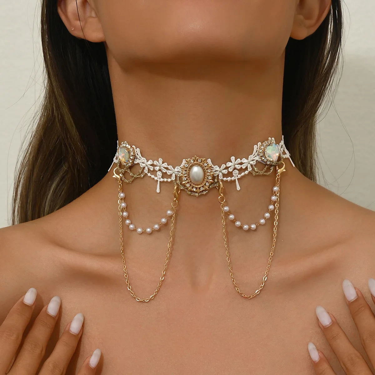 Women's New Necklace Lolita White Lace Necklace, Pearl Tassel Rhinestone Necklace Collar Sweet Cool Fashion Necklaces Girls Gift