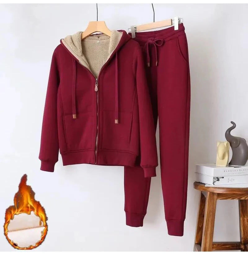 Winter Warm Sports Suits For Women Velvet Track Suit Thick Hoodies Jackets And Sweatpants Fleece 2 Piece Sets Women Outfit 2023