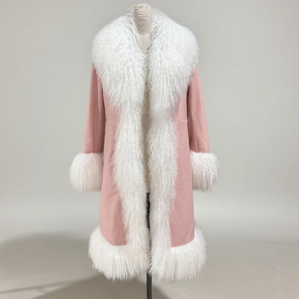 Winter Suede Long Fur Coat Mongolia Long Sheep Fur Collar New Arrival Camel Fur Jacket