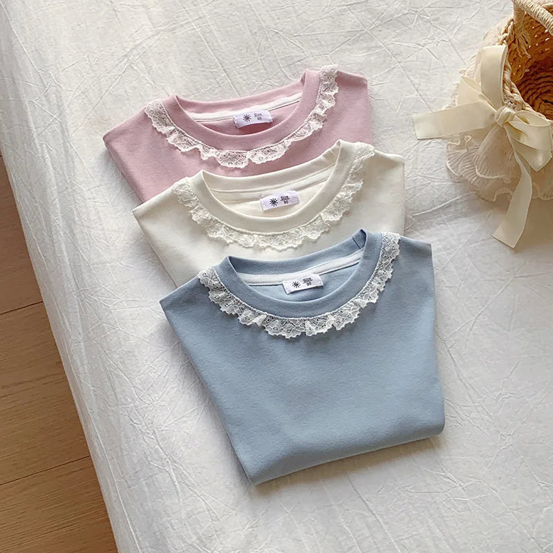 Summer Girls Lace T-shirt Kids Loose Casual Solid Color Short Sleeves Crewneck Tops Baby Girl Cotton Tees Kids Clothes 1-6Years