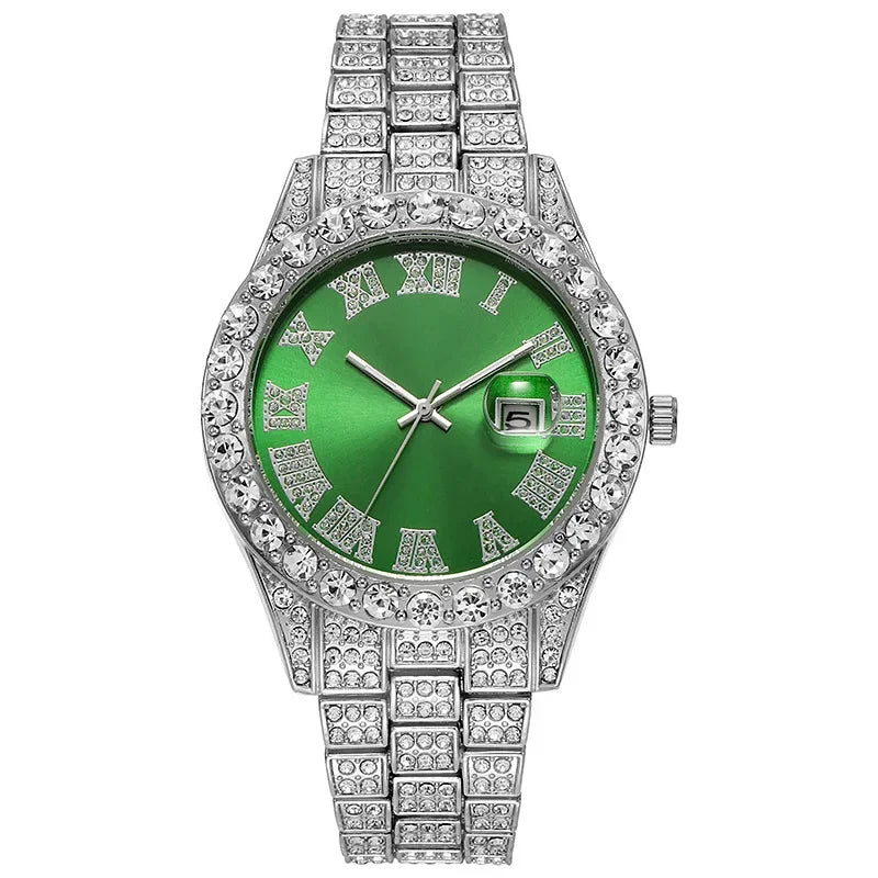 Hip Hop Watch for Men Iced Out Bling Full Diamond Luxury Quartz Watch Analog Roman Calendar Watch for Men Women