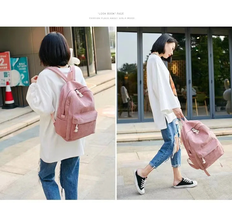 Corduroy Backpack, Academy Fashion School Bags for Middle/High School & College, Cute Tassel Detail, Versatile Casual Daily Bag