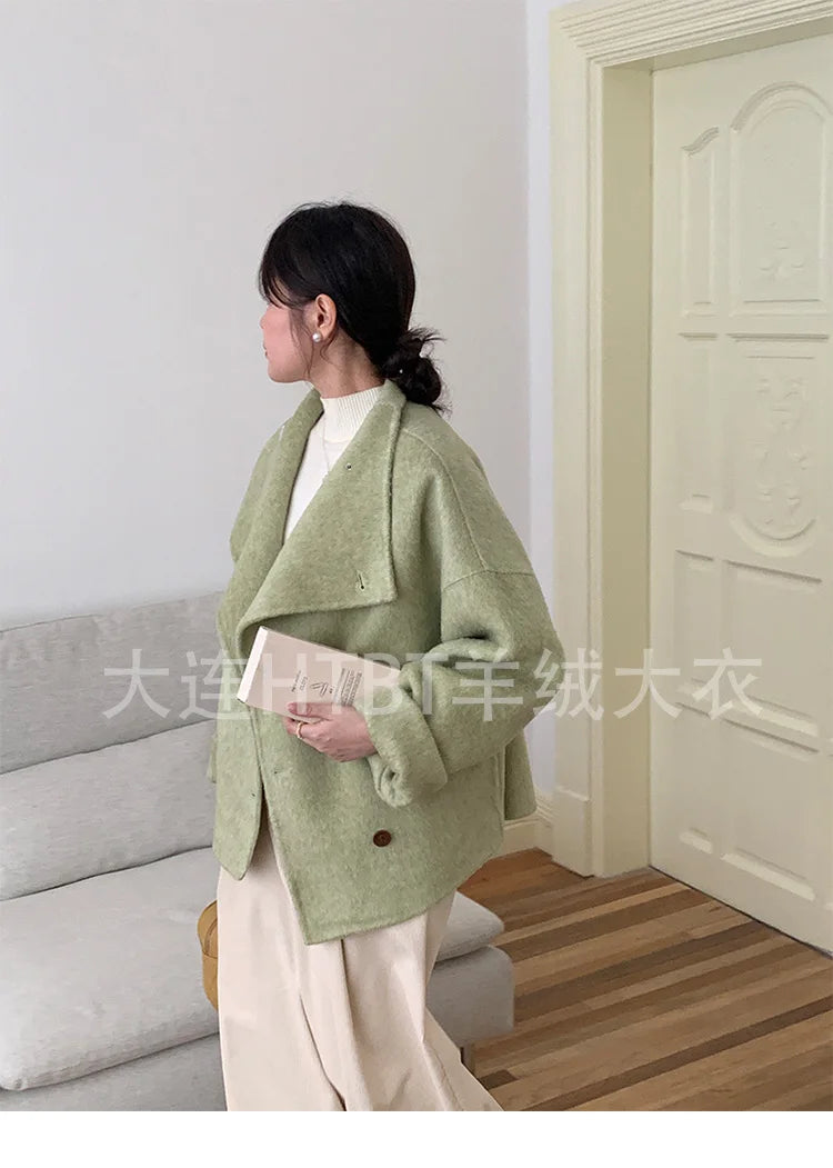 New Winter Short Woolen Coat Fashion Causal Warm Mulberry Silk Lapel Double-sided Wool Coat Loose Suit Jacket Female Tide Autumn