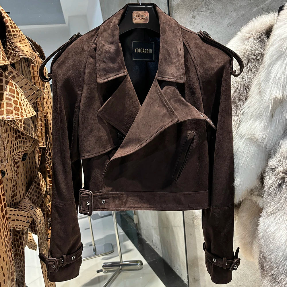 YOLOAgain Wide Shoulder Real Leather Jacket Women Oversized Genuine Leather Cropped Jacket