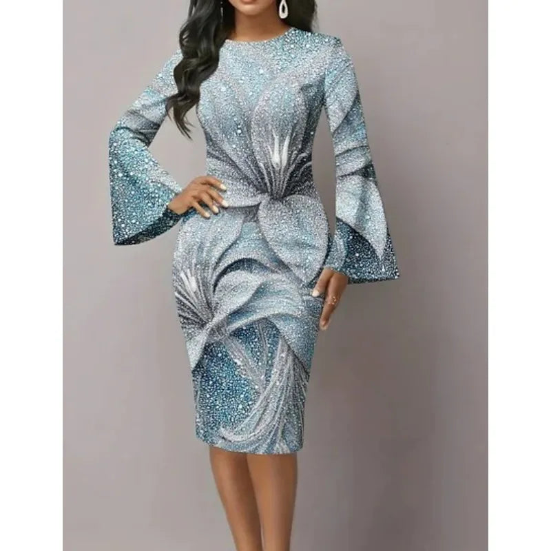 Elegant Night Out Dress Black White Graphic Print Bodycon Midi Dress with Dramatic Flare Sleeves Modern Dress for City Night Out