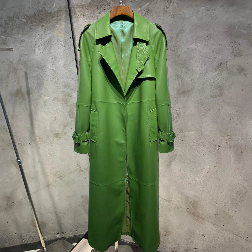 Leather Coat Orange Long Ladies Real Sheepskin Coat Genuine Sheep Leather Windbreak Long 21018
