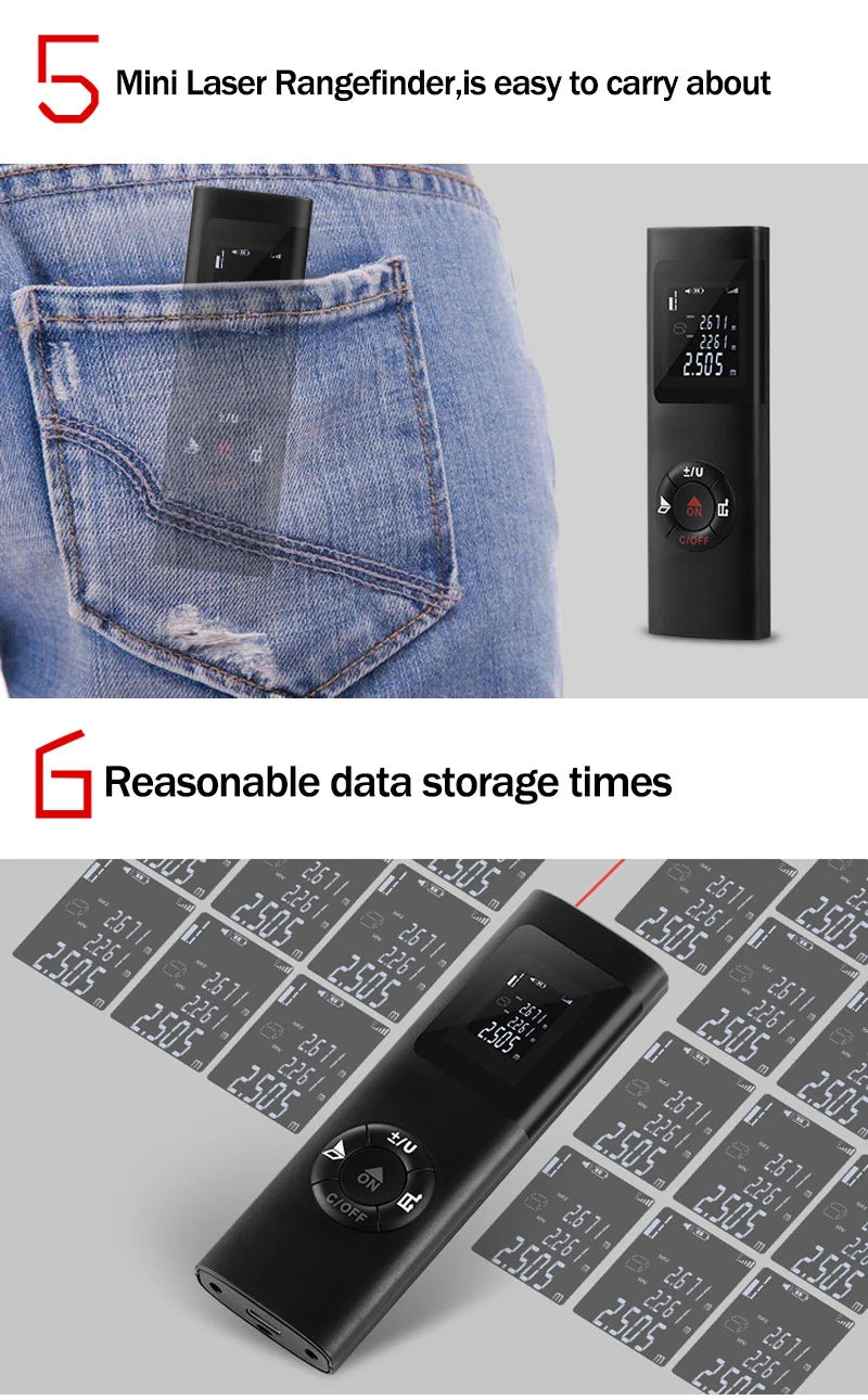 40M/60M Mini Smart Laser Distance Meter Measure Infrared Rangefinder USB Rechargeable Portable Handheld Laser Range Finder Tools
