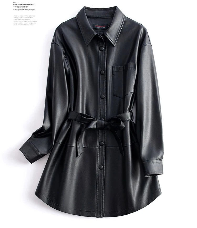 Women's Sheepskin Coat 2024 Autumn New Real Split Sheep Leather Ladies Mid-length Single-Breasted Belt Casual Jacket Outwear