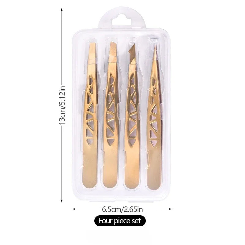 4pcs Precision Eyebrow Tweezers Set - Stainless Steel Tools for Brow Shaping, Beard Plucking & False Lash Application Eyebrow Gr