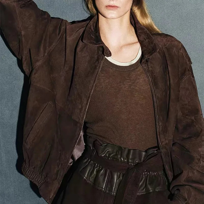 Brown Suede Jacket Spring Women Sheepskin Vintage Old Money Style Wide Shoulder Casual Baseball Leather Coat Giacca Pelle Donna