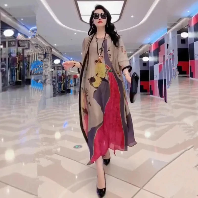 Authentic Silk Dress for Mother, Silkworm Loose Dress, High-End Print, 2-Piece Dress, Women's Dresses, Spring, Summer, New, 2023