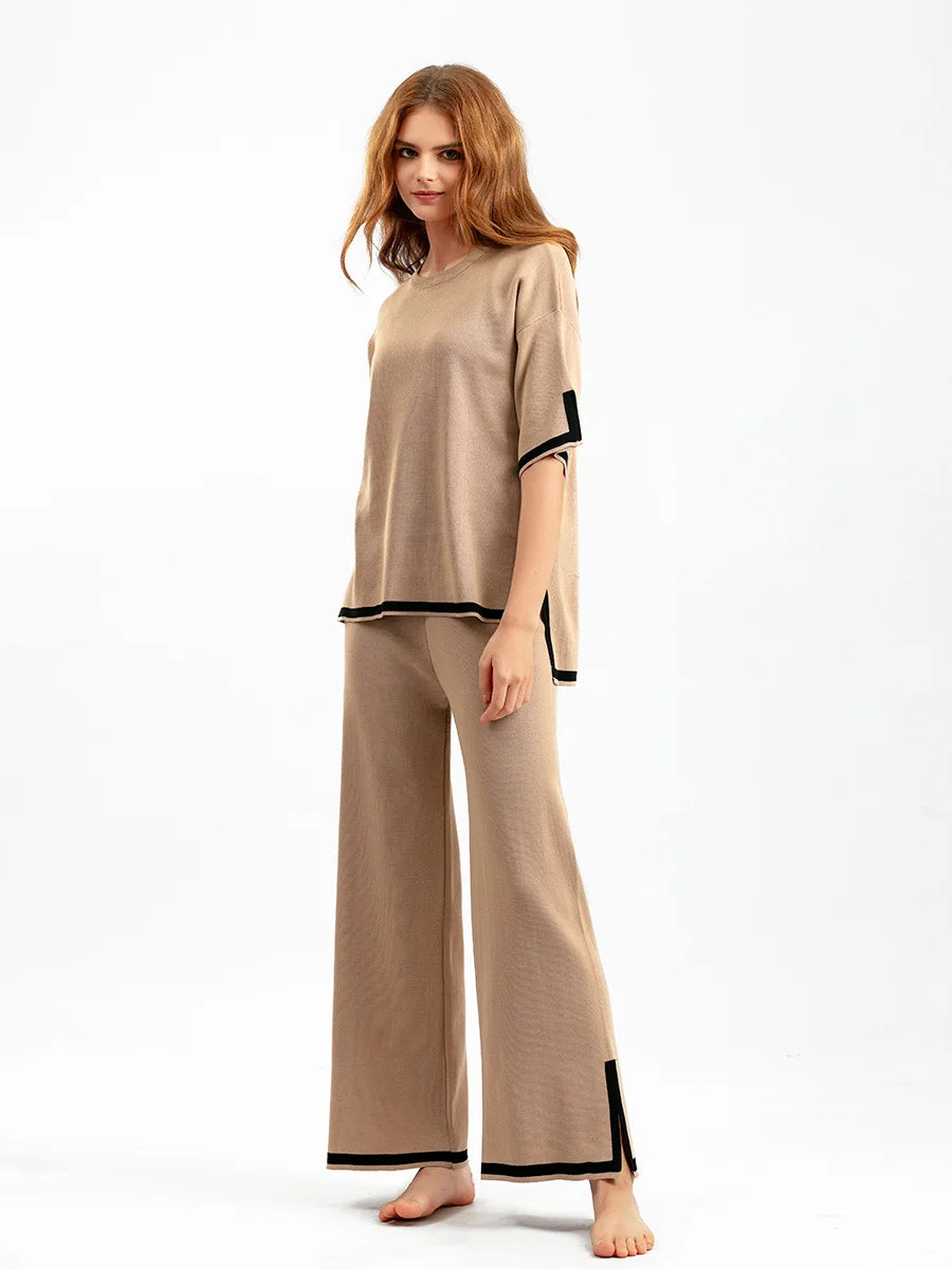 Pants Set Women Two Piece Sets Short Sleeve Spring Knit Tops Loose Casual Wide Leg Long Pants High Waist Y2k Streetwear Spring