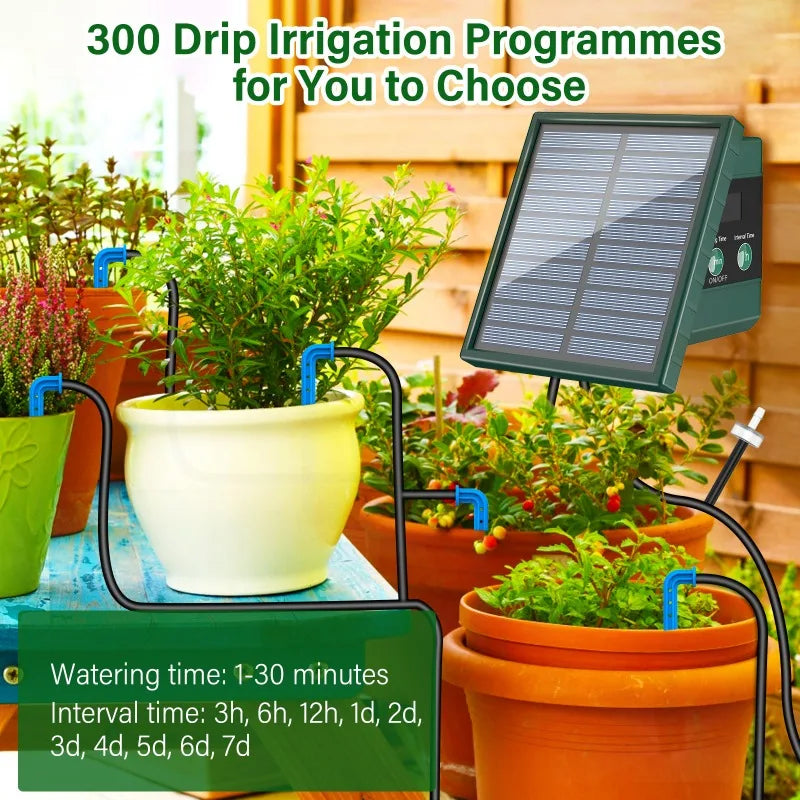 Solar Irrigation System, Automatic Watering System with 10M Hose and 10 Drip Tips for In/Outdoor, DIY Garden Balcony Terrace Etc