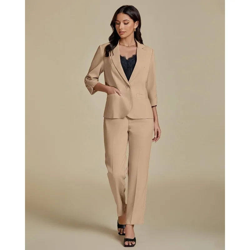 Pant Suits for Women Dressy 2 Piece Business Casual Outfits 3/4 Sleeve Blazer Straight Leg Pant Sets Office Work