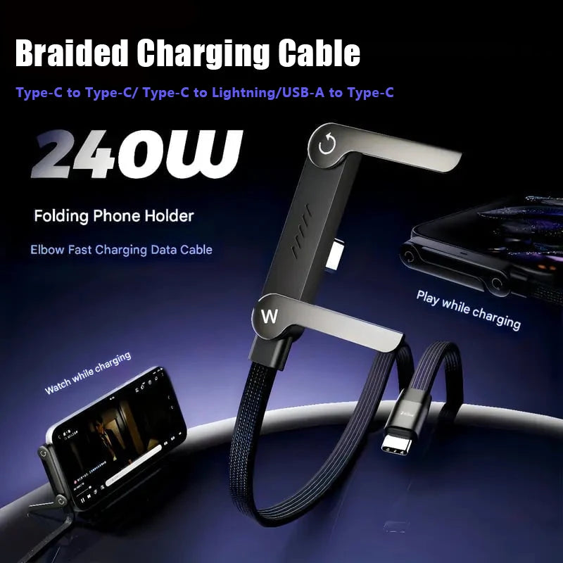 240W Fast Charging Cable with Adjustable Phone Stand, 2-in-1 Tough Braided Charging Cables Folding Stand UBS-A/Type-C to Type-C