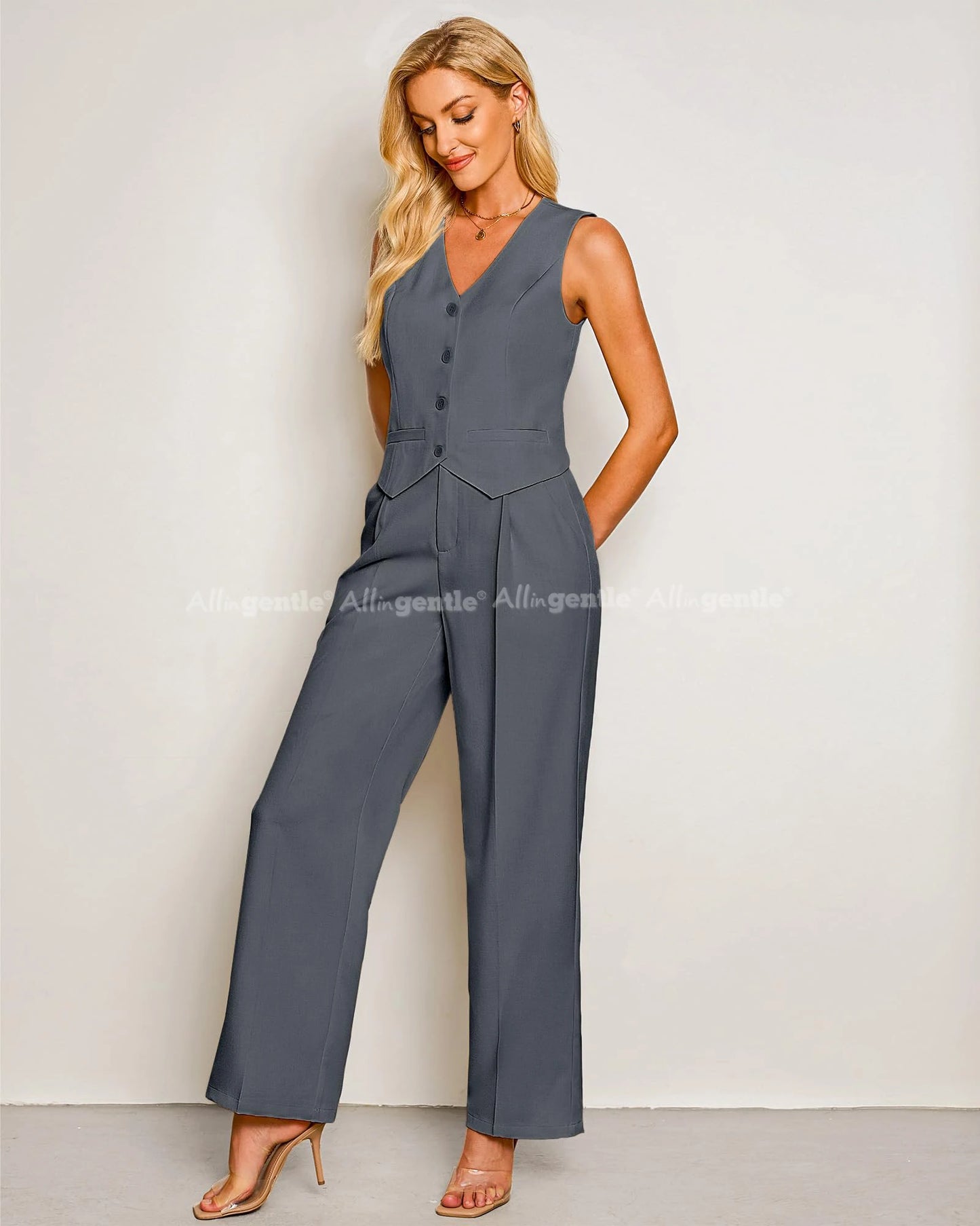 Pant Suits for Women Dressy Casual 2 Piece Sets Sleeveless Blazer Vest with High Rise Wide Leg Pants Outfit