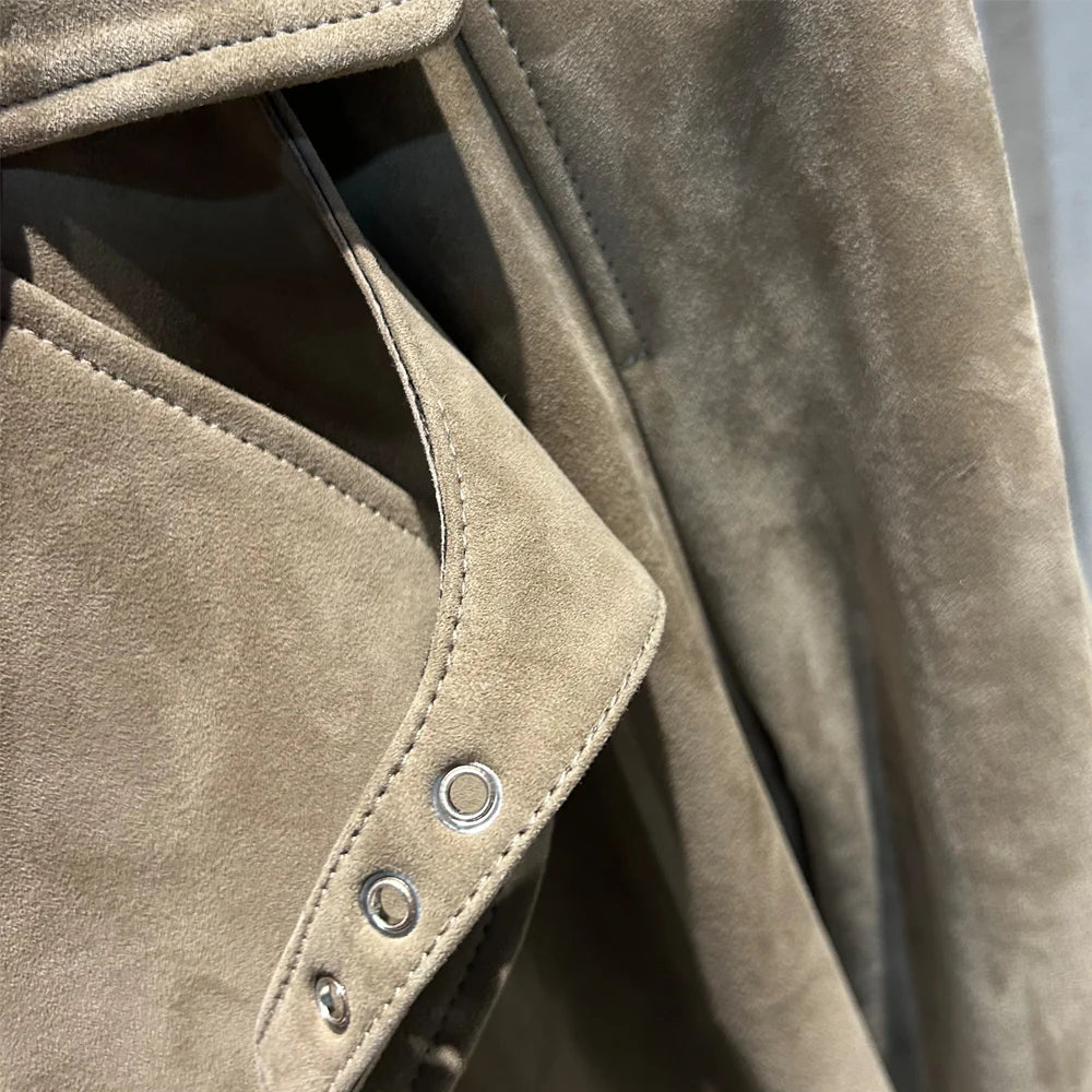 Suede Burgundy Long Coat Double Breasted Windbreak Length 150cm Women's Real Suede Coat